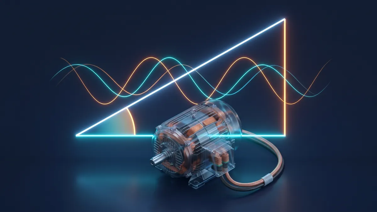 Ilustracja: świecący trójkąt mocy nad silnikiem elektrycznym, z zaznaczonym kątem i przesuniętymi w fazie przebiegami napięcia i prądu.