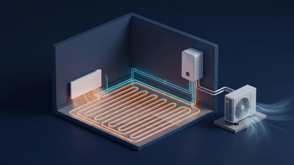Ilustracja: przekrój pokoju z elektrycznym grzejnikiem konwektorowym oraz pompą ciepła powietrze-woda, której jednostka zewnętrzna pobiera ciepło z powietrza, a moduł wewnętrzny zasila ogrzewanie podłogowe.
