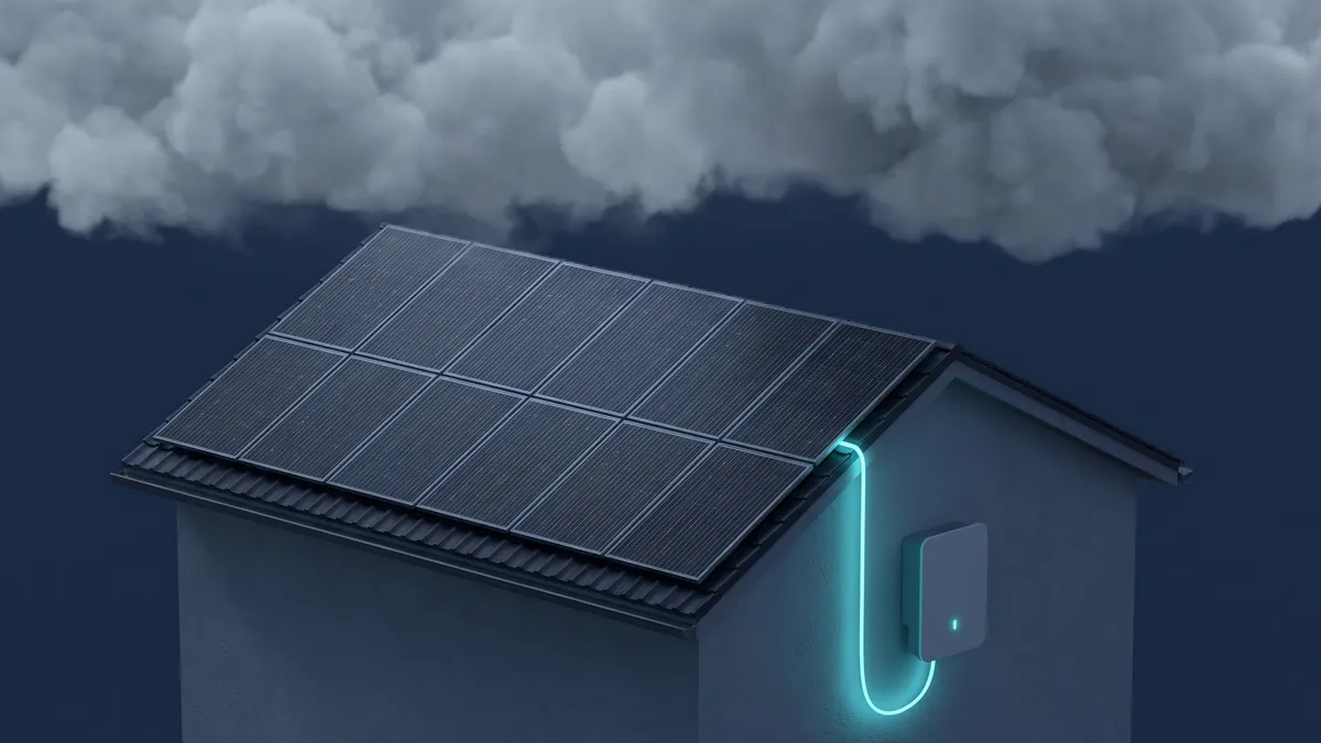 Ilustracja: dachowa instalacja fotowoltaiczna pod gęstymi chmurami, która w rozproszonym świetle nadal przesyła energię do falownika na ścianie domu.