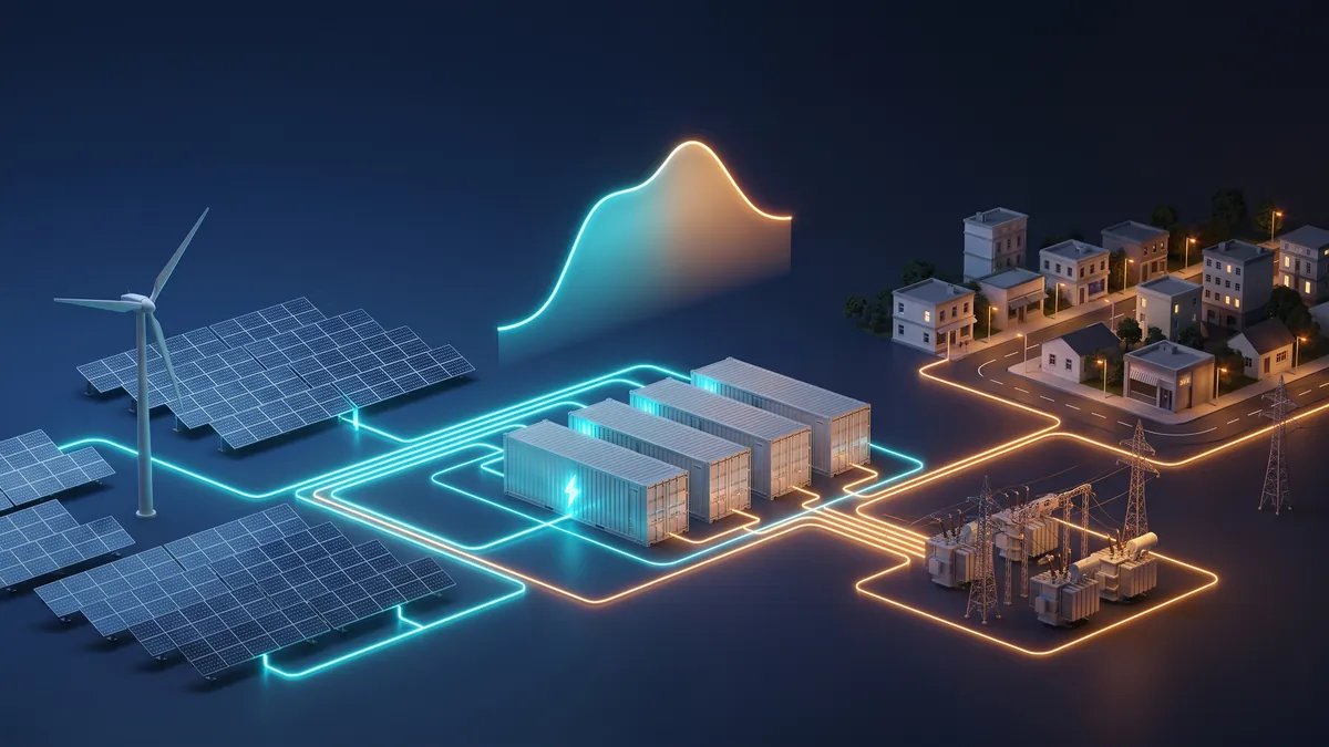 Ilustracja: farma słoneczna i turbina wiatrowa ładujące kontenerowe magazyny energii, z których energia płynie do miasta i stacji.
