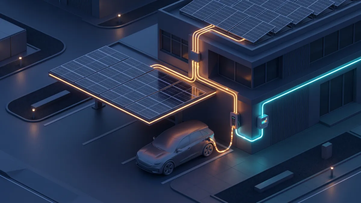 Ilustracja: firmowy carport fotowoltaiczny z elektrycznym SUV-em podłączonym do ładowarki ściennej, do której płynie energia z paneli.