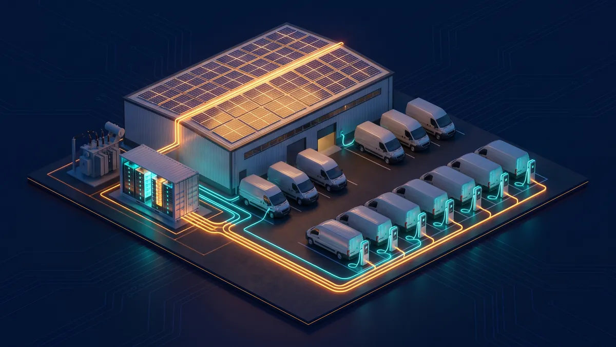 Ilustracja: baza logistyczna z rzędem elektrycznych dostawczaków przy słupkach ładowania, z panelami na dachu i magazynem energii obok.