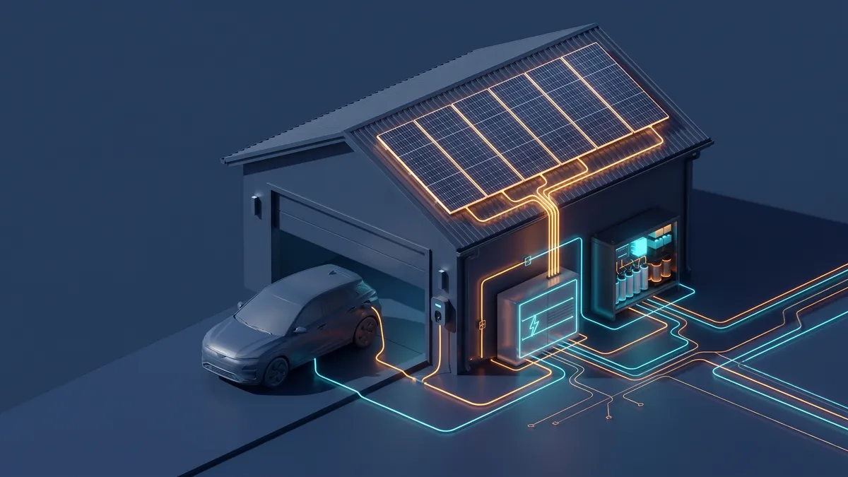 Ilustracja: dom jednorodzinny z garażem i panelami na dachu, przed którym elektryczny crossover ładuje się z ładowarki ściennej energią z własnej instalacji i magazynu.