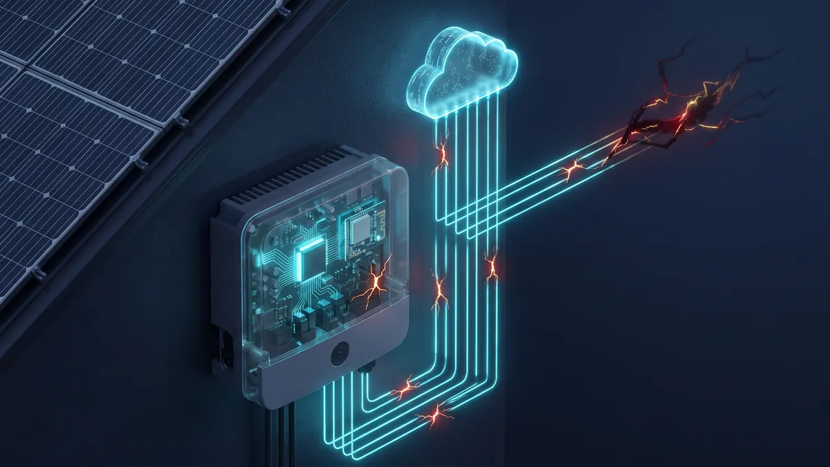 Ilustracja: falownik fotowoltaiczny z widoczną płytką elektroniki, połączony z chmurą liniami danych z zaznaczonymi pękniętymi punktami podatności.