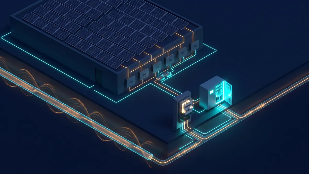 Ilustracja: nocna instalacja firmowa z uśpionymi falownikami i kablami oddającymi falę do sieci, którą w punkcie przyłączenia neutralizuje kompensator.