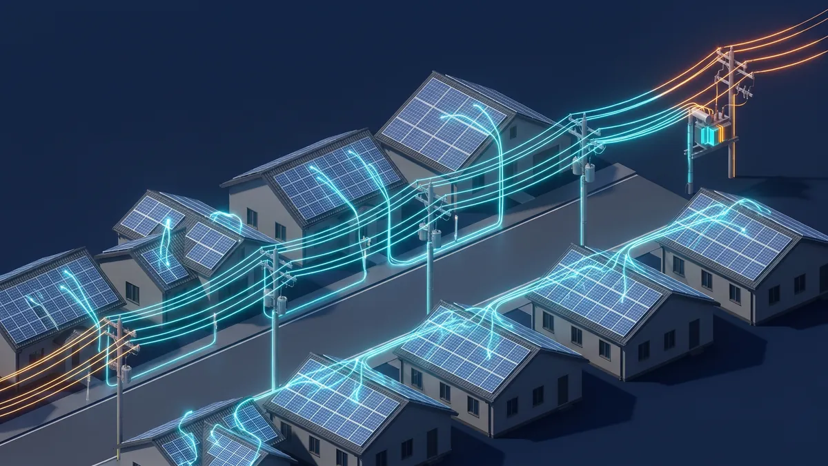 Ilustracja: osiedle domów z fotowoltaiką oddających energię linią niskiego napięcia do transformatora słupowego, z bursztynową sygnalizacją wzrostu napięcia na końcach linii.