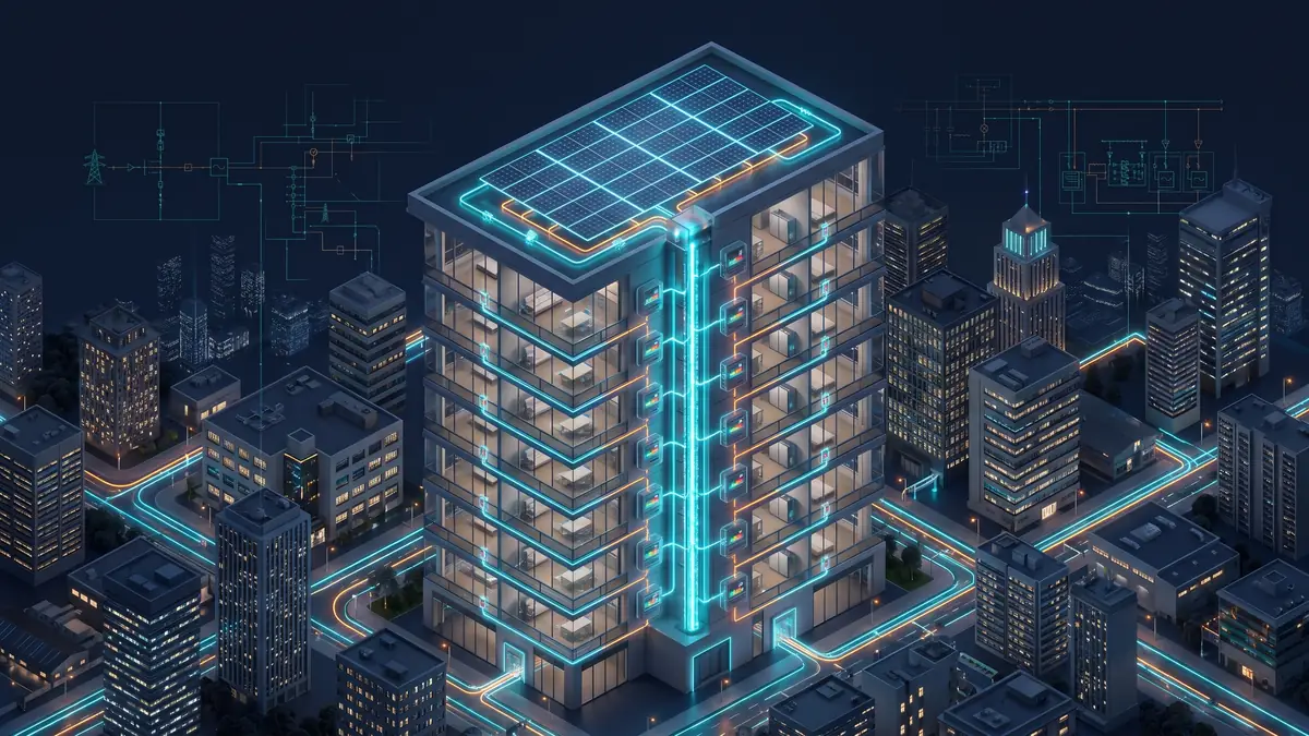 Ilustracja: miejski blok mieszkalny ze wspólną instalacją fotowoltaiczną na dachu, z energią rozprowadzaną do liczników mieszkań.