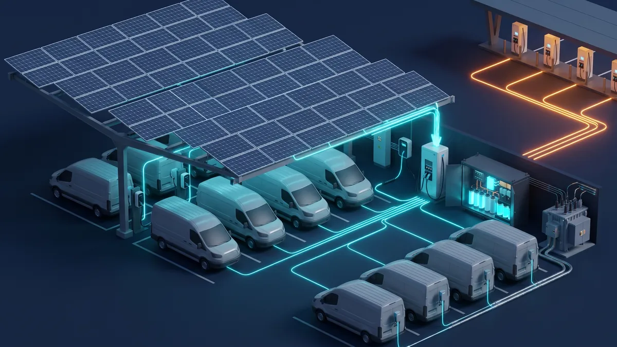 Ilustracja: baza floty z wiatą fotowoltaiczną i ładowarkami dla elektrycznych dostawczaków, w oddali przydrożna stacja szybkiego ładowania.
